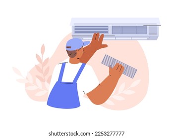 Technician cleaning wall air conditioner, flat vector illustration isolated on white background. Man in uniform working at air conditioner maintenance service.