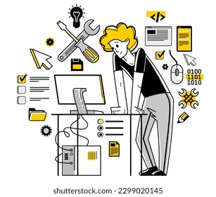 Technician computer engineer repairing pc vector outline illustration, fixing system work with software and hardware, system administrator.