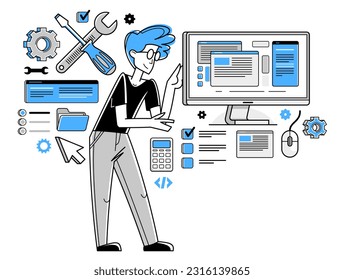 Technician computer engineer repairing pc vector outline illustration, fixing system work with software and hardware, system administrator.