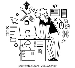 Technician computer engineer repairing pc vector outline illustration, fixing system work with software and hardware, system administrator.