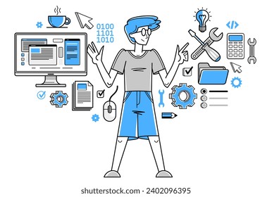 Technician computer engineer repairing pc vector outline illustration, fixing system work with software and hardware, system administrator.
