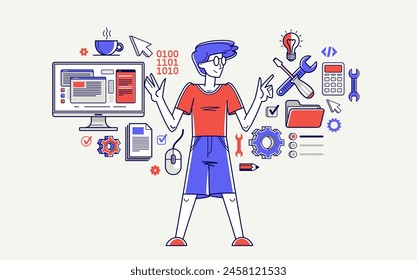 Technician computer engineer repairing pc vector outline illustration, fixing system work with software and hardware, system administrator.