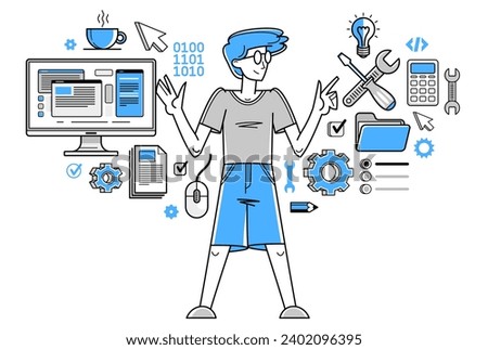 Technician computer engineer repairing pc vector outline illustration, fixing system work with software and hardware, system administrator.