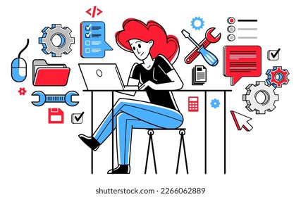 Technician computer engineer woman repairing pc vector outline illustration, fixing system work with software and hardware, system administrator.