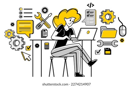 Technician computer engineer woman repairing pc vector outline illustration, fixing system work with software and hardware, system administrator.