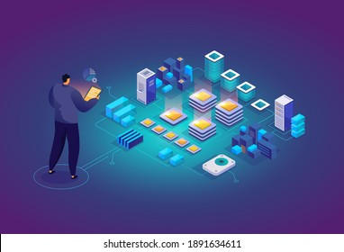 Technician in data center room. Computer data storage and crypto farming workstation. Network mainframe infrastructure background. Data analysis concept website layout. Vector isometric.