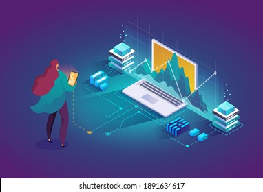 Technician in data center room. Computer data storage and crypto farming workstation. Network mainframe infrastructure background. Data analysis concept website layout. Vector isometric.