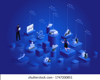 Technician in datacenter room. The woman interacting with the statistical analysis and diagram. Data analysis in isometric vector design. Network mainframe infrastructure. Data visualization concept