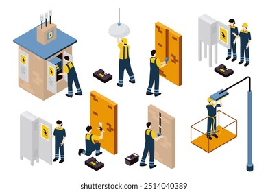 Técnico eletrics 3d isométrica mega conjunto em isometria design gráfico. Coleção elementos de cabine de transformador, reparação de lâmpadas, fixação de cabos, fiação, serviço de eletricista, outros. Ilustração vetorial.