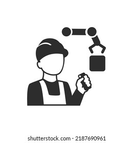 Technician engineer icon. Man controls the produced robot by hand. Monochrome black and white symbol. Vector illustration
