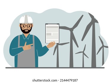 Ingeniero técnico hombre, parque eólico de energía. El concepto de energía alternativa limpia. Protección ambiental, protección ecológica.