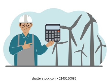 Technician engineer man, energy wind farm. The concept of clean alternative energy. Environmental protection, ecology protection. Vector flat illustration