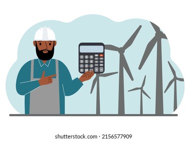 Technician engineer man, energy wind farm. The concept of clean alternative energy. Environmental protection, ecology protection. Vector flat illustration