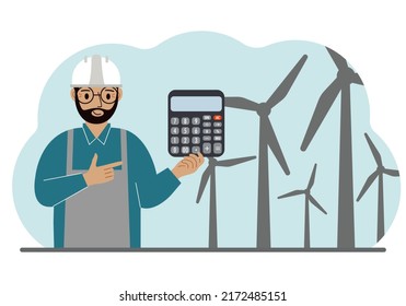 Technician engineer man, energy wind farm. The concept of clean alternative energy. Environmental protection, ecology protection.