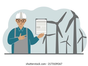 Technician engineer man, energy wind farm. The concept of clean alternative energy. Environmental protection, ecology protection.
