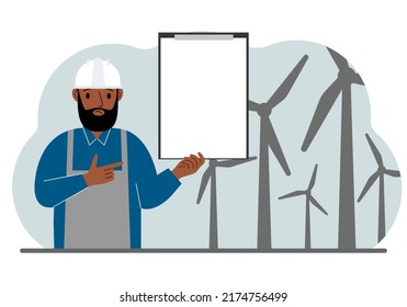 Technician engineer man, energy wind farm. The concept of clean alternative energy. Environmental protection, ecology protection. Vector flat illustration