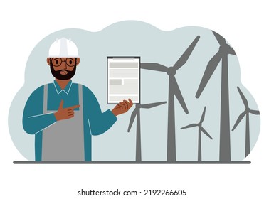 Technician engineer man, energy wind farm. The concept of clean alternative energy. Environmental protection, ecology protection. Vector flat illustration