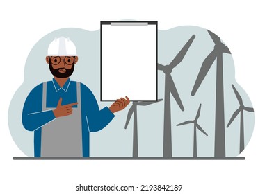 Technician engineer man, energy wind farm. The concept of clean alternative energy. Environmental protection, ecology protection. Vector flat illustration