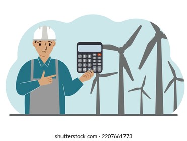 Technician engineer man, energy wind farm. The concept of clean alternative energy. Environmental protection, ecology protection. Vector flat illustration