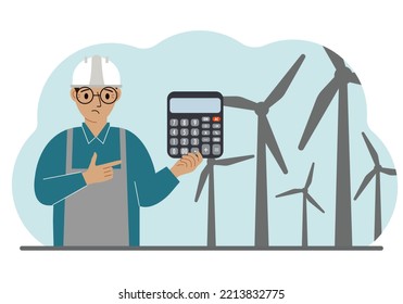 Ingeniero técnico hombre, parque eólico de energía. El concepto de energía alternativa limpia. Protección ambiental, protección ecológica. Ilustración plana del vector