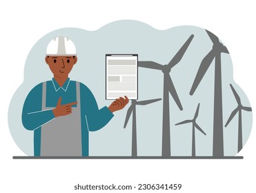 Technician engineer man, energy wind farm. The concept of clean alternative energy. Environmental protection, ecology protection. Vector flat illustration