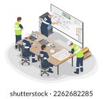 Technician and engineer meeting on machine improvement working process Maintenance planing in conference room industrial worker concept illustration isometric isolated vector