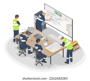 Technician and engineer meeting on machine improvement working process Maintenance planing in conference room industrial worker concept illustration isometric isolated vector