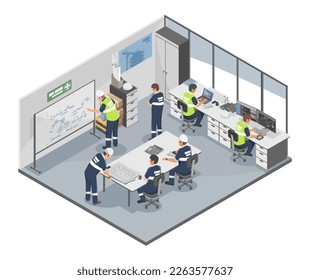 Technician and engineer meeting and working process Room Maintenance planing in conference room industrial worker concept illustration isometric isolated vector