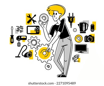 Technician engineer repairing household appliances, repairman service vector outline illustration, engineer fixing and upgrading different technics.