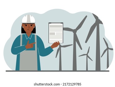 Technician engineer woman, energy wind farm. The concept of clean alternative energy. Environmental protection, ecology protection.