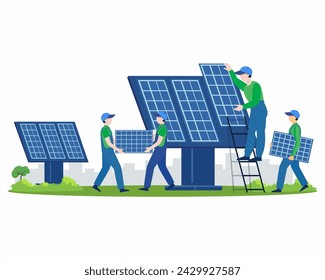 Techniker Ingenieur arbeitet mit Sonnenkollektoren und Strom Grüne erneuerbare Energie, Globale Erwärmung, Umwelt	
