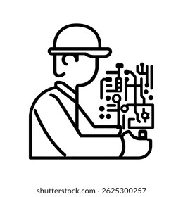 Técnico Examinando Eletrônicos: vetor Ilustração de Linha Preto-e-Branco de uma Pessoa com Placa de Circuito	