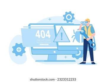 Technician fix a bug error 404, trending flat illustration