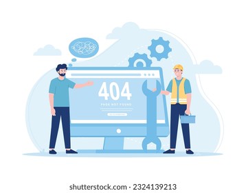 Technician fix a bug error 404, trending flat illustration