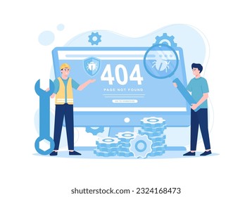 Technician fix a bug error 404, trending flat illustration
