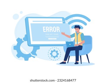 Technician fixing error 404, no connection trending flat illustration