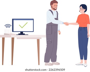Technician fixing internet problem successfully semi flat color vector characters. Editable figures. Full body people on white. Simple cartoon style illustration for web graphic design and animation