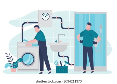 Technician fixing pipes in restroom. Specialist with wrench repairs pipe to washing machine. Owner called plumber from company. Plumbing service. Man repairs water pipeline. Flat vector illustration