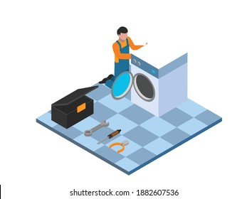Technician fixing washing machine isometric 3d vector concept for banner, website, illustration, landing page, flyer, etc.