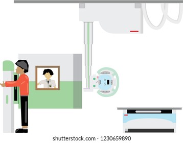 Technician having to do patient chest stand position with x-ray for check up in hospital. Medical equipment on vector flat style of illustration. Healthcare patient treatment