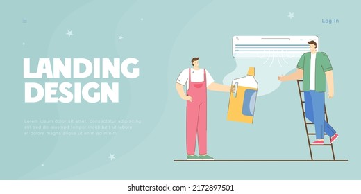 Técnico ayudando a un hombre con la limpieza de aire acondicionado. Persona con uniforme que contiene ilustraciones vectoriales planas antisépticas o desinfectantes. Concepto de servicio de mantenimiento para la página web de banner o aterrizaje