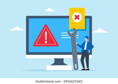 Technician holding wrench while fix system failure or errors message on computer. Concept of software problems, hardware faults, caution and maintenance to resolve security alerts