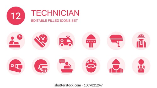 technician icon set. Collection of 12 filled technician icons included Worker, Service, Ambulance, Helmet