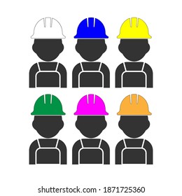 Technician icon with simple silhouette design, Repairman icon vector. With various colors of work helmets. Modern design flat style icon symbol isolated on Blank background.