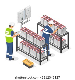 Technician installer working with Solar cell system battery set inspection safty set offgrid element isometric isolated vector