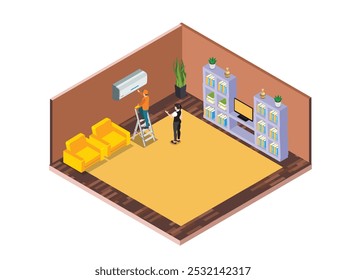 A technician is installing an air conditioner unit in a living room while a homeowner observes 3d isometric vector illustration