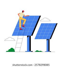 Technician Installing Solar Panels In Flat Vector Illustration Symbolizing Renewable Energy, Sustainability, And Green Technology, Isolated On White Background