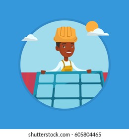 Technician installing solar panels on roof. Technician in hard hat checking solar panel on roof. Technician adjusting solar panel. Vector flat design illustration in the circle isolated on background.