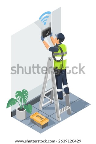 Technician installing a WiFi router on an interior wall of a modern home or office while standing on a ladder and wearing safety gear isometric isolated
