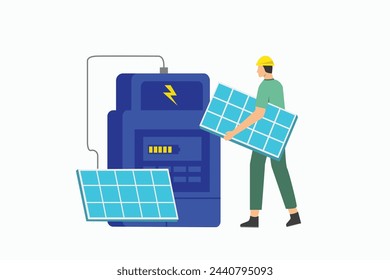 Technician is lifting up the solar panels to installation. Solar plant(solar cell) in evening. Alternative energy to conserve the world's energy, Photovoltaic module idea for clean energy production.
